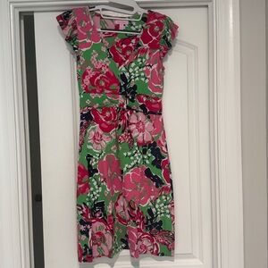 Lilly Pulitzer Pink & Green Floral Wrap-Style Midi Dress